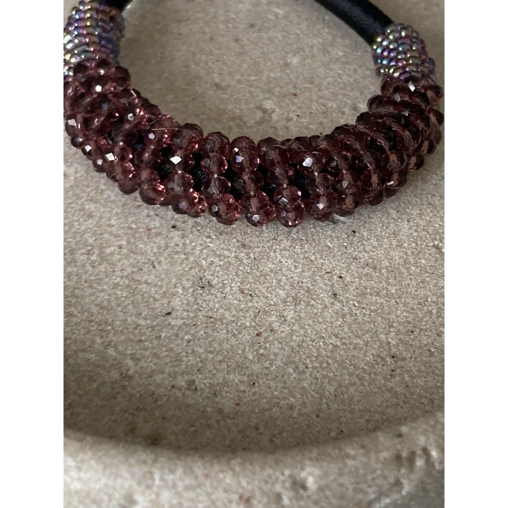 Purple Beaded Bracelet Black Cord Silver Tone Dark‎ Romantic Fairy Chunky